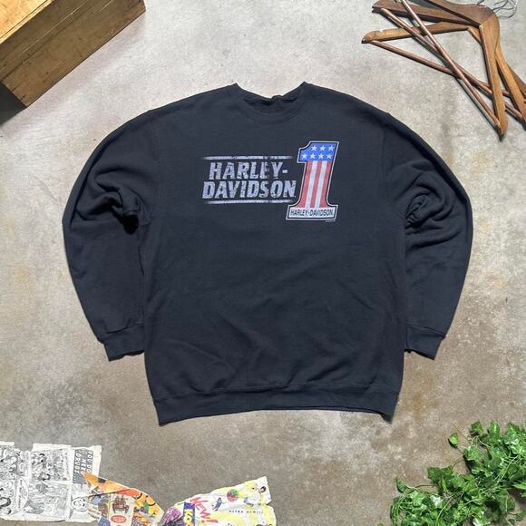 Harley Davidson Biker Crewneck Mens XL Black Blue American Flag Color Sweatshirt - Picture 1 of 7
